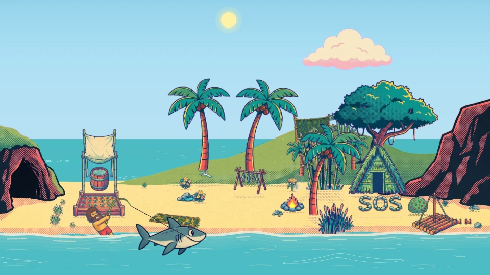 Johnny encounters a shark in the water beside his island