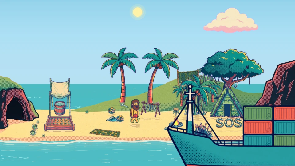 An enormous ship passes Johnny’s tiny island